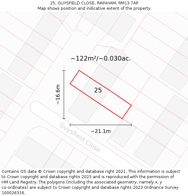 25, GUYSFIELD CLOSE, RAINHAM, RM13 7AP: Plot and title map
