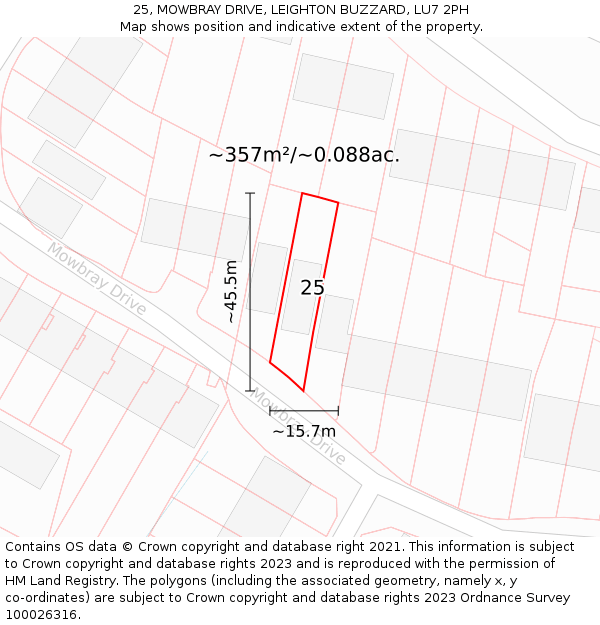 25, MOWBRAY DRIVE, LEIGHTON BUZZARD, LU7 2PH: Plot and title map