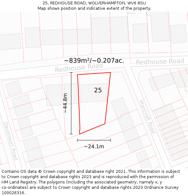 25, REDHOUSE ROAD, WOLVERHAMPTON, WV6 8SU: Plot and title map