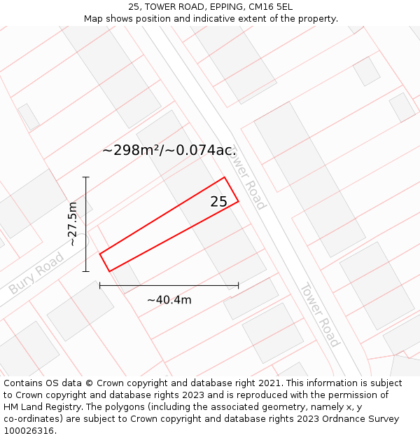 25, TOWER ROAD, EPPING, CM16 5EL: Plot and title map