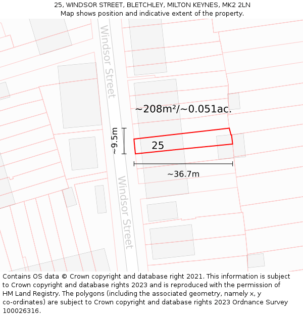 25, WINDSOR STREET, BLETCHLEY, MILTON KEYNES, MK2 2LN: Plot and title map