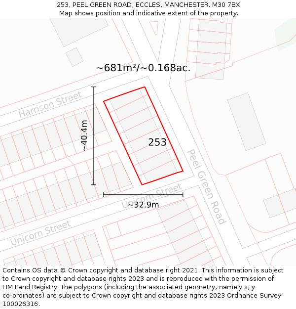 253, PEEL GREEN ROAD, ECCLES, MANCHESTER, M30 7BX: Plot and title map
