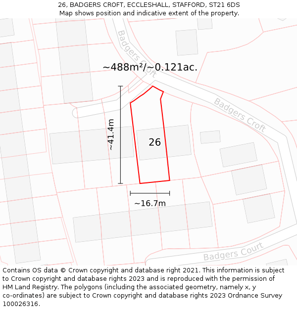 26, BADGERS CROFT, ECCLESHALL, STAFFORD, ST21 6DS: Plot and title map