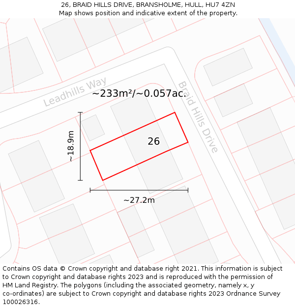 26, BRAID HILLS DRIVE, BRANSHOLME, HULL, HU7 4ZN: Plot and title map