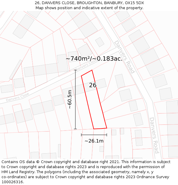 26, DANVERS CLOSE, BROUGHTON, BANBURY, OX15 5DX: Plot and title map
