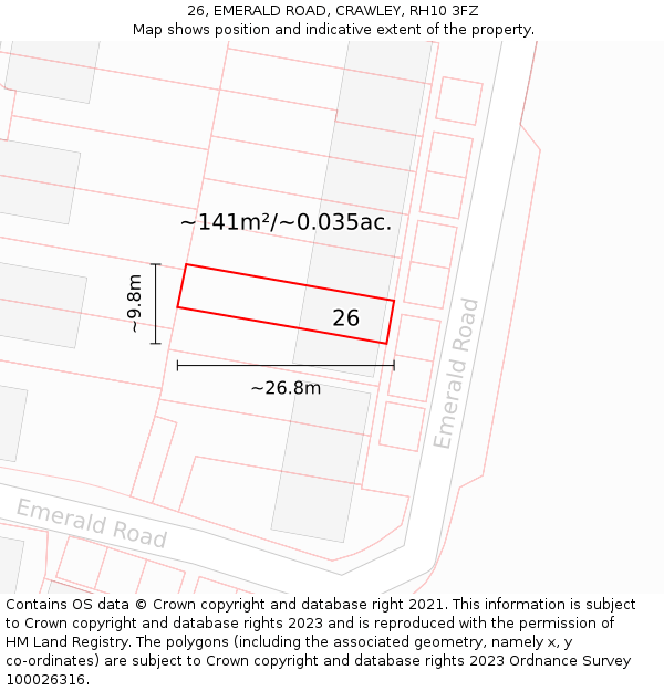 26, EMERALD ROAD, CRAWLEY, RH10 3FZ: Plot and title map