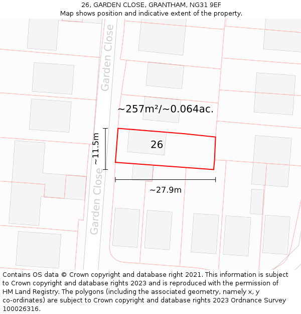 26, GARDEN CLOSE, GRANTHAM, NG31 9EF: Plot and title map