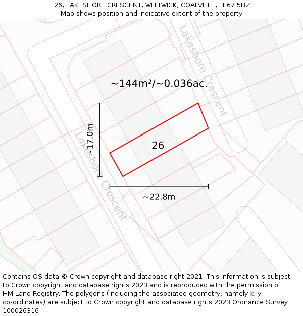 26, LAKESHORE CRESCENT, WHITWICK, COALVILLE, LE67 5BZ: Plot and title map