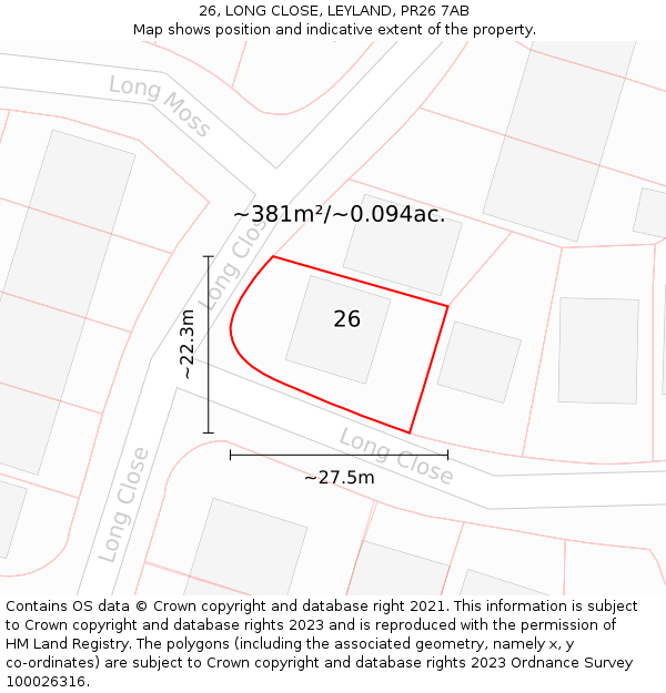 26, LONG CLOSE, LEYLAND, PR26 7AB: Plot and title map