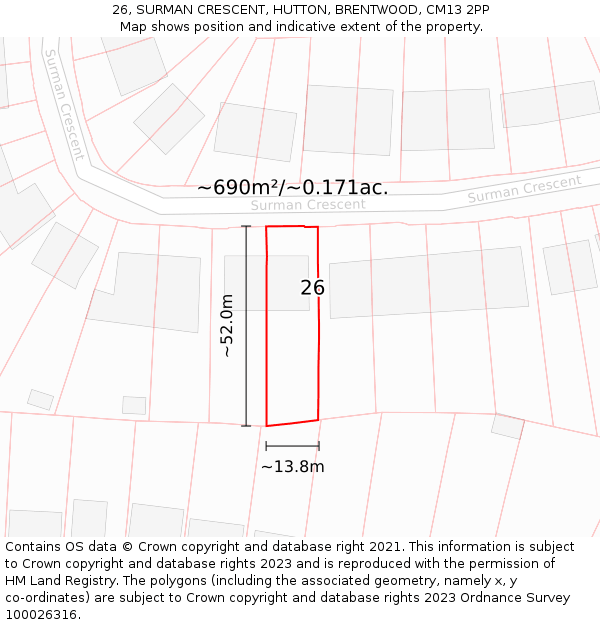 26, SURMAN CRESCENT, HUTTON, BRENTWOOD, CM13 2PP: Plot and title map