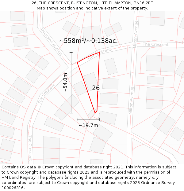26, THE CRESCENT, RUSTINGTON, LITTLEHAMPTON, BN16 2PE: Plot and title map