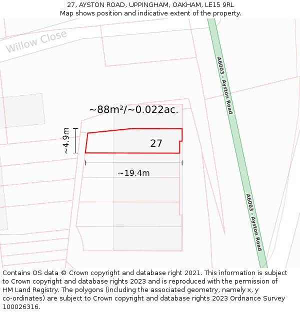 27, AYSTON ROAD, UPPINGHAM, OAKHAM, LE15 9RL: Plot and title map