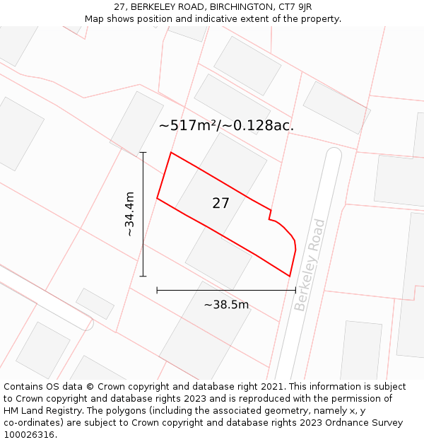 27, BERKELEY ROAD, BIRCHINGTON, CT7 9JR: Plot and title map