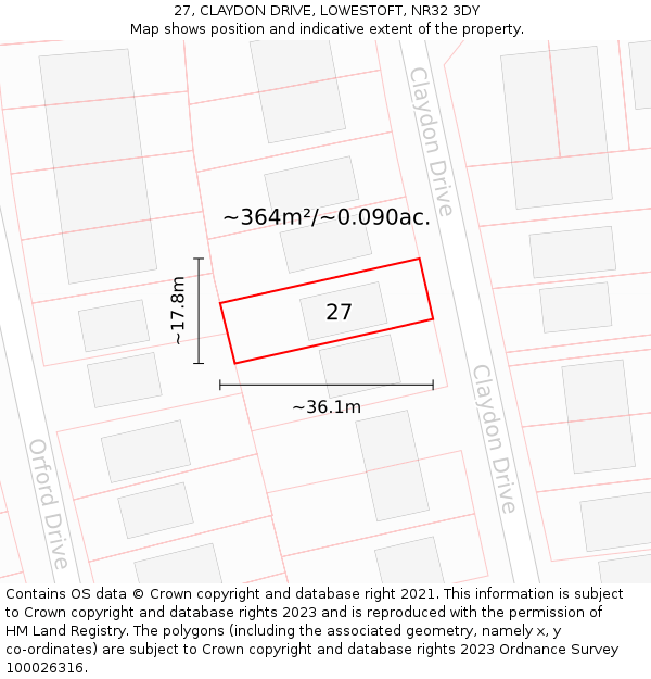 27, CLAYDON DRIVE, LOWESTOFT, NR32 3DY: Plot and title map