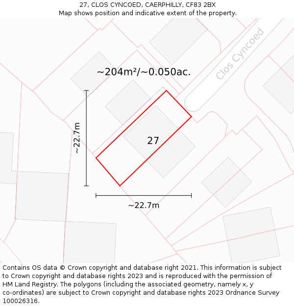 27, CLOS CYNCOED, CAERPHILLY, CF83 2BX: Plot and title map