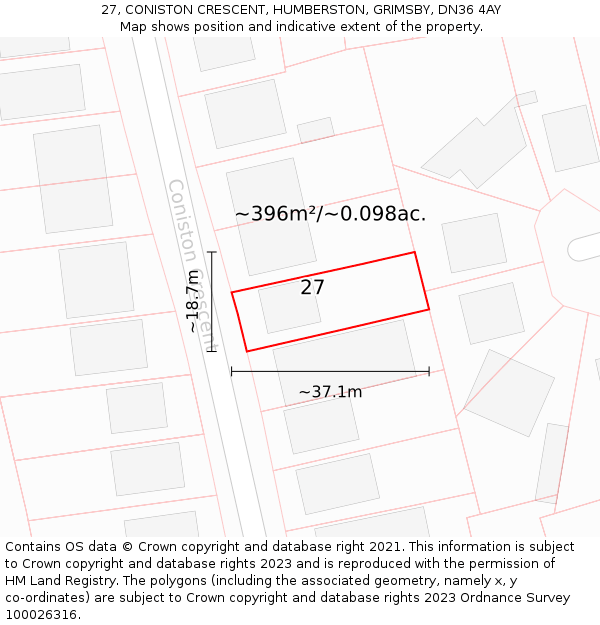 27, CONISTON CRESCENT, HUMBERSTON, GRIMSBY, DN36 4AY: Plot and title map