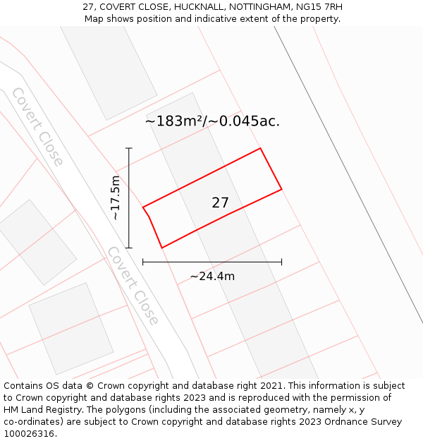 27, COVERT CLOSE, HUCKNALL, NOTTINGHAM, NG15 7RH: Plot and title map
