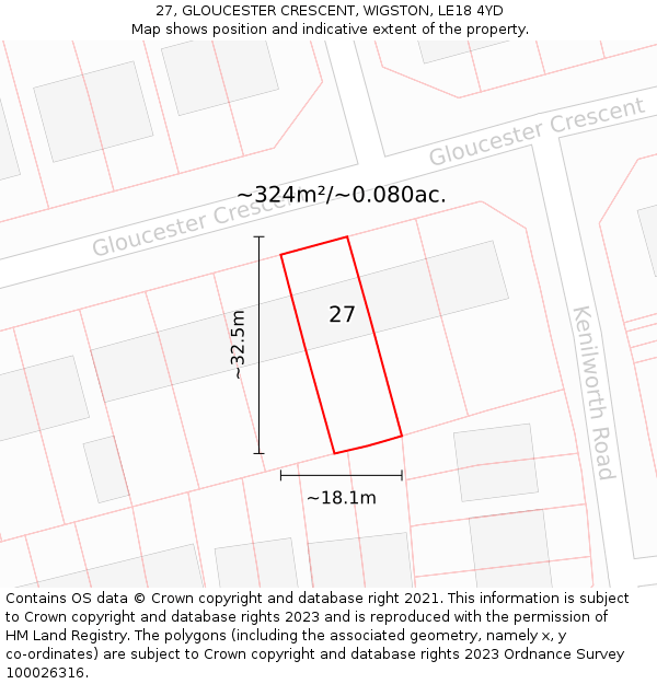 27, GLOUCESTER CRESCENT, WIGSTON, LE18 4YD: Plot and title map