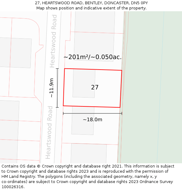27, HEARTSWOOD ROAD, BENTLEY, DONCASTER, DN5 0PY: Plot and title map