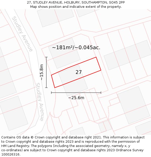 27, STUDLEY AVENUE, HOLBURY, SOUTHAMPTON, SO45 2PP: Plot and title map