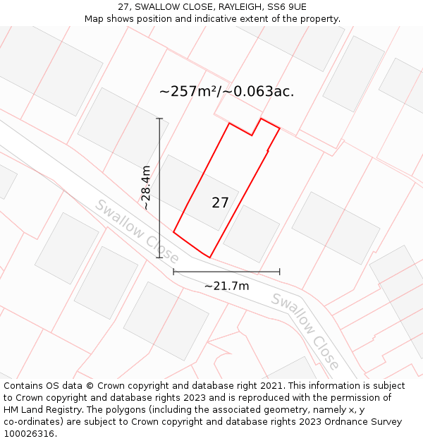 27, SWALLOW CLOSE, RAYLEIGH, SS6 9UE: Plot and title map