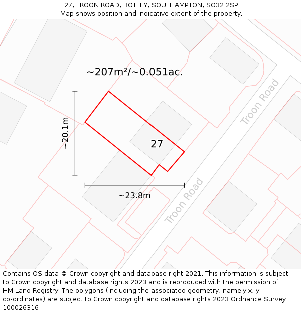 27, TROON ROAD, BOTLEY, SOUTHAMPTON, SO32 2SP: Plot and title map