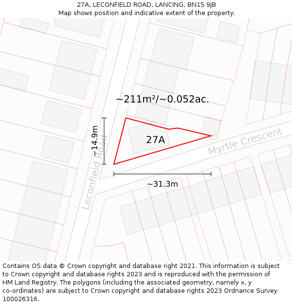 27A, LECONFIELD ROAD, LANCING, BN15 9JB: Plot and title map