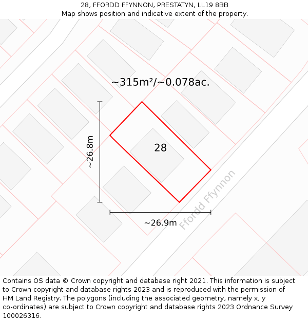 28, FFORDD FFYNNON, PRESTATYN, LL19 8BB: Plot and title map