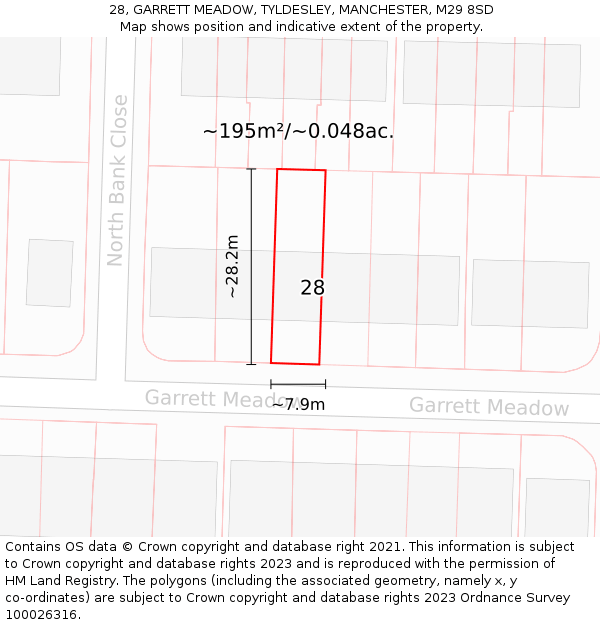 28, GARRETT MEADOW, TYLDESLEY, MANCHESTER, M29 8SD: Plot and title map