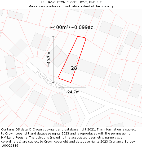 28, HANGLETON CLOSE, HOVE, BN3 8LT: Plot and title map