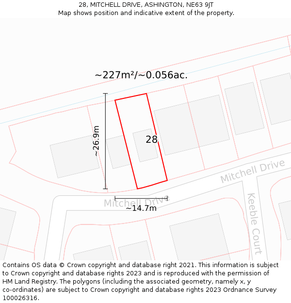 28, MITCHELL DRIVE, ASHINGTON, NE63 9JT: Plot and title map