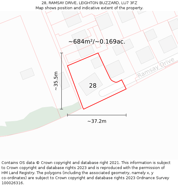 28, RAMSAY DRIVE, LEIGHTON BUZZARD, LU7 3FZ: Plot and title map
