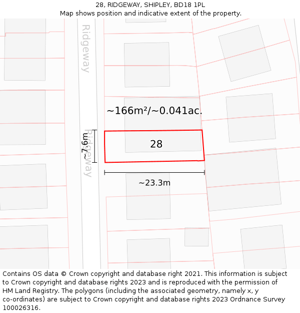 28, RIDGEWAY, SHIPLEY, BD18 1PL: Plot and title map