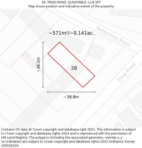 28, TRING ROAD, DUNSTABLE, LU6 2PT: Plot and title map