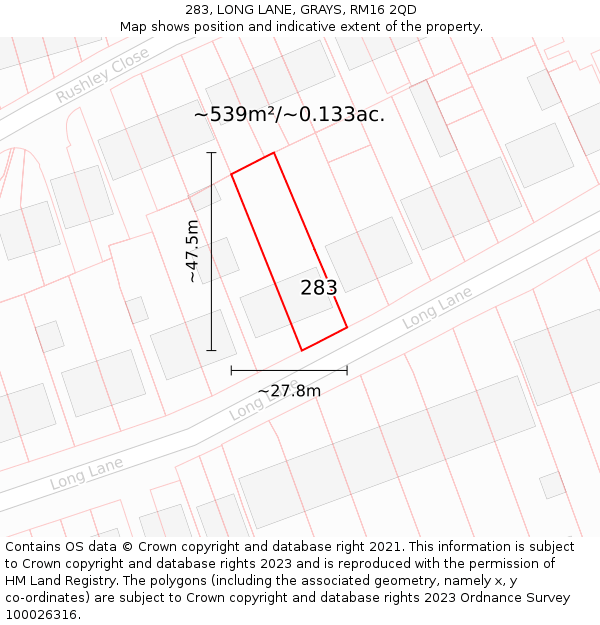 283, LONG LANE, GRAYS, RM16 2QD: Plot and title map