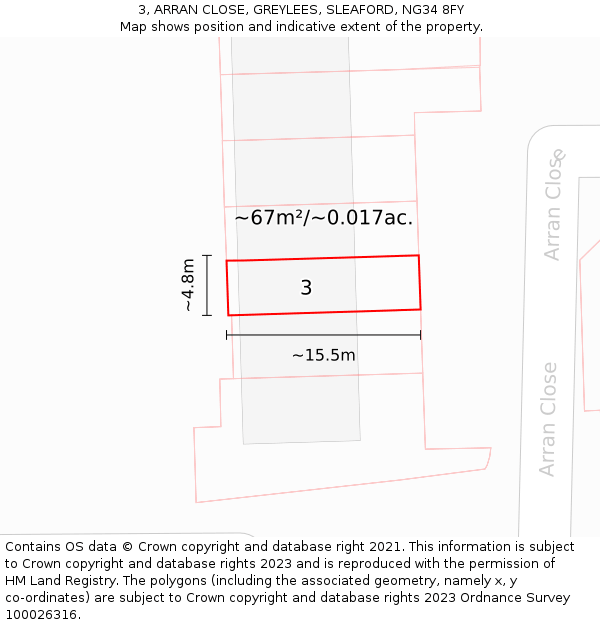 3, ARRAN CLOSE, GREYLEES, SLEAFORD, NG34 8FY: Plot and title map