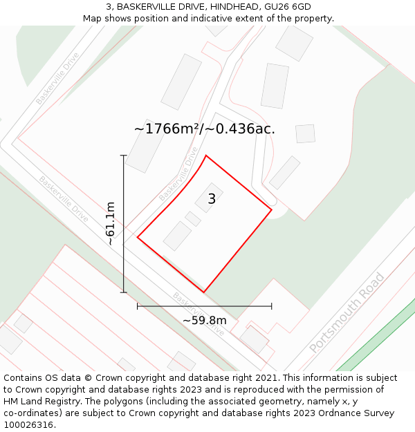 3, BASKERVILLE DRIVE, HINDHEAD, GU26 6GD: Plot and title map
