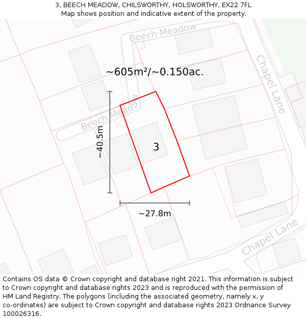 3, BEECH MEADOW, CHILSWORTHY, HOLSWORTHY, EX22 7FL: Plot and title map