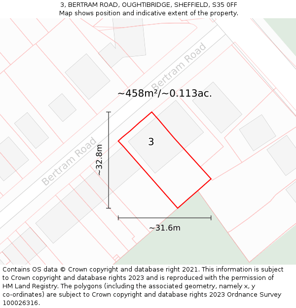 3, BERTRAM ROAD, OUGHTIBRIDGE, SHEFFIELD, S35 0FF: Plot and title map