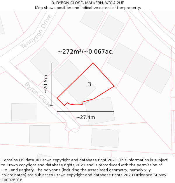 3, BYRON CLOSE, MALVERN, WR14 2UF: Plot and title map