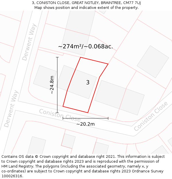 3, CONISTON CLOSE, GREAT NOTLEY, BRAINTREE, CM77 7UJ: Plot and title map
