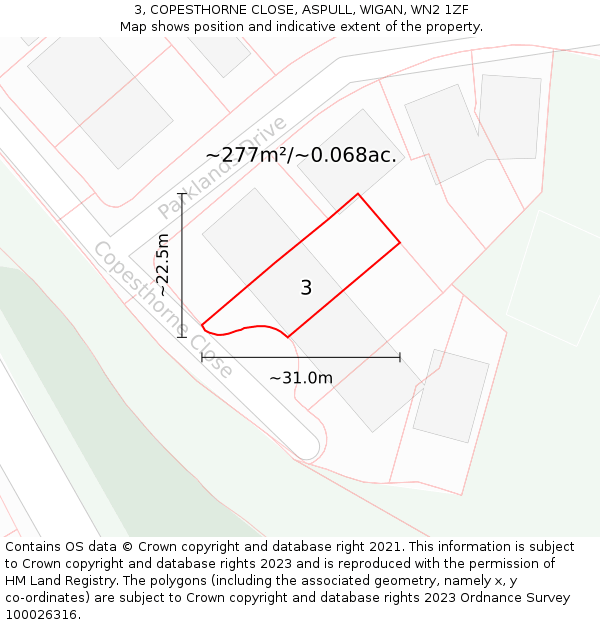 3, COPESTHORNE CLOSE, ASPULL, WIGAN, WN2 1ZF: Plot and title map