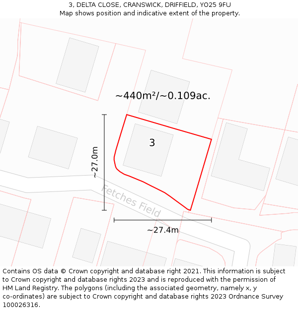 3, DELTA CLOSE, CRANSWICK, DRIFFIELD, YO25 9FU: Plot and title map