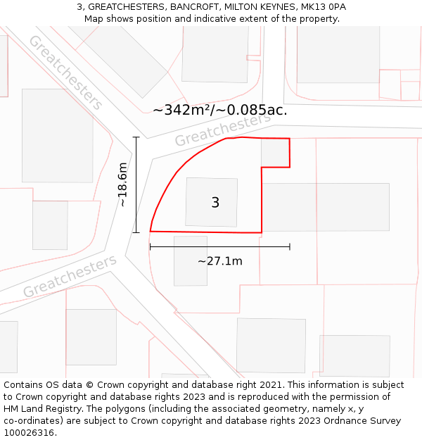 3, GREATCHESTERS, BANCROFT, MILTON KEYNES, MK13 0PA: Plot and title map