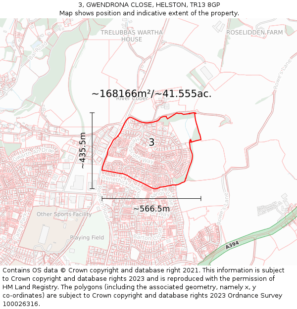 3, GWENDRONA CLOSE, HELSTON, TR13 8GP: Plot and title map