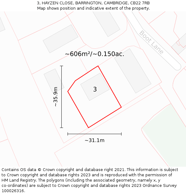 3, HAYZEN CLOSE, BARRINGTON, CAMBRIDGE, CB22 7RB: Plot and title map