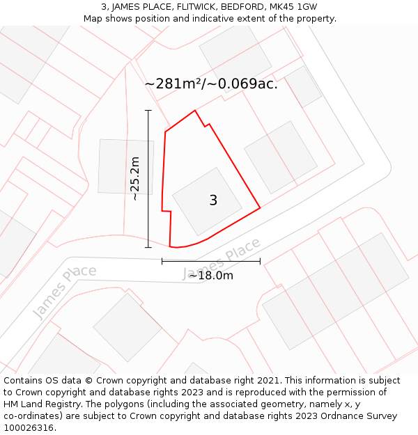 3, JAMES PLACE, FLITWICK, BEDFORD, MK45 1GW: Plot and title map
