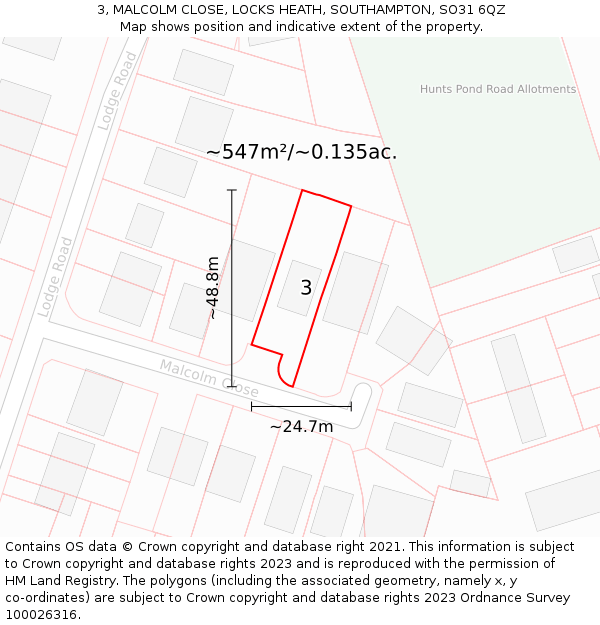 3, MALCOLM CLOSE, LOCKS HEATH, SOUTHAMPTON, SO31 6QZ: Plot and title map