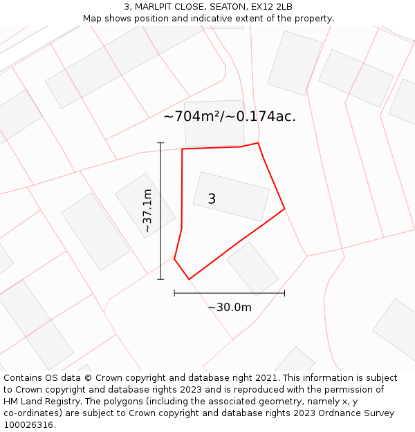 3, MARLPIT CLOSE, SEATON, EX12 2LB: Plot and title map