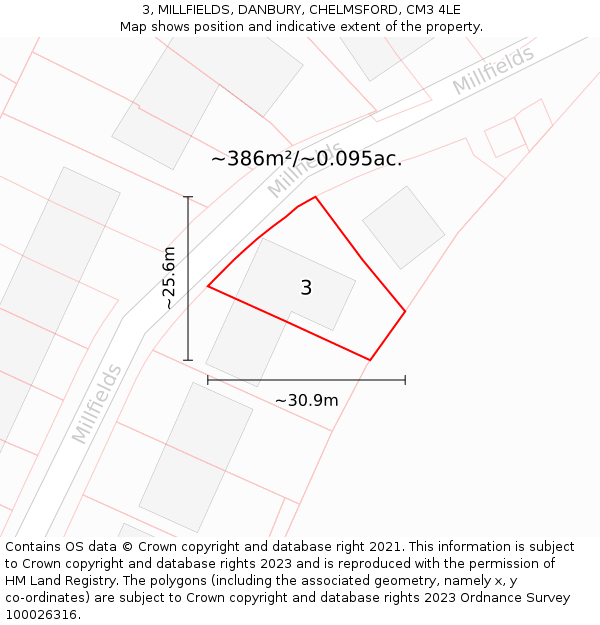 3, MILLFIELDS, DANBURY, CHELMSFORD, CM3 4LE: Plot and title map